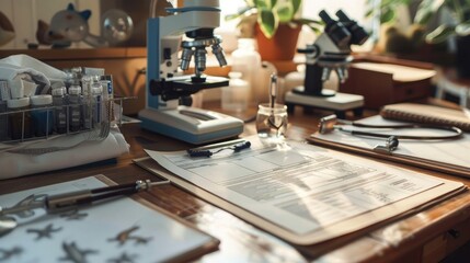 Close-up of a veterinarian's desk with animal medical records and diagnostic tools, representing a job in veterinary medicine