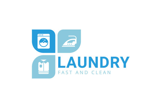 Creative laundry service logo template. Washing machine, iron, and folded clothes icon