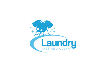 Laundry logo design template. Clothes illustration with detergent bubbles for laundry service logo