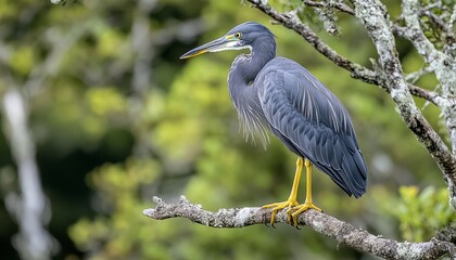 A blue heron perches on a tree branch with a blurred green background.
