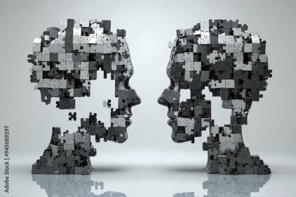Poster abstract sculpture of two faces composed of blocks symbolizing cognitive construction fragmented tho