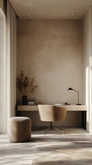 Minimalist home office neutral tones blank taupe concreate empty wall mockup workspace modern desk ergonomic chair copy space professional clean design wallpaper work from home