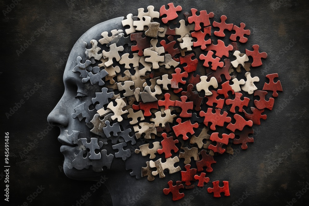 Poster profile of a woman with puzzle pieces and brain imagery depicting the complexity of thought cognitiv