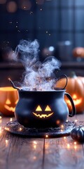 A spooky Halloween cauldron with smoke, surrounded by glowing pumpkins, perfect for autumn celebrations and festive decorations.