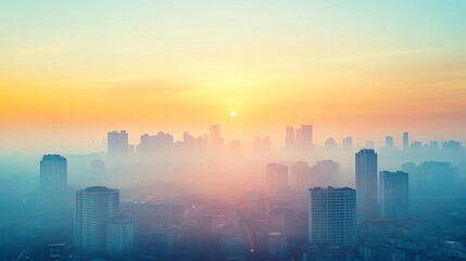 Fototapeta premium Panoramic view of a city skyline with morning haze, rising sun adding a soft glow, urban awakening, start of a new day