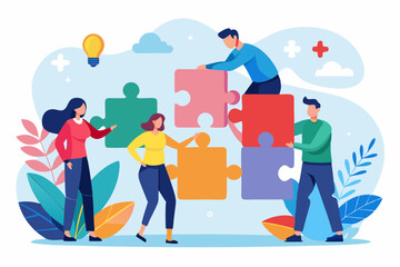Team puzzle jigsaw connect, teamwork solving problem or cooperation for team success, collaboration idea, colleague work together concept, business people coworker help connect team jigsaw.

