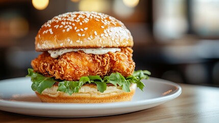 An American fast food breakfast staple, this hamburger on a white plate is stuffed with fried chicken, fresh greens, and mayonnaise, then topped with white sesame seeds. 