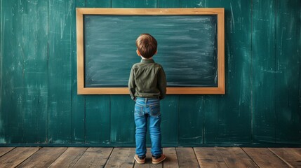 A young boy is actively standing in front of a blackboard