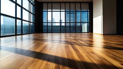 Obraz premium Sunlit Spacious Urban Empty Room With Wooden Floor And Large Windows During Daytime