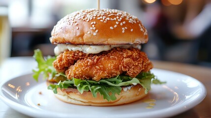 An American fast food breakfast staple, this hamburger on a white plate is stuffed with fried chicken, fresh greens, and mayonnaise, then topped with white sesame seeds. 