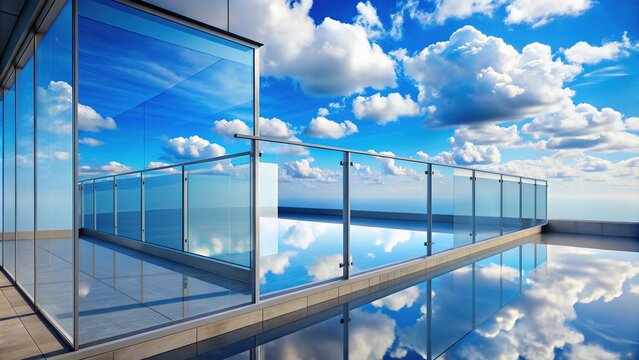 Vibrant blue sky with fluffy white clouds inversely reflected on a sleek, modern balcony's glass wall, creating a stunning optical illusion of depth and atmosphere.