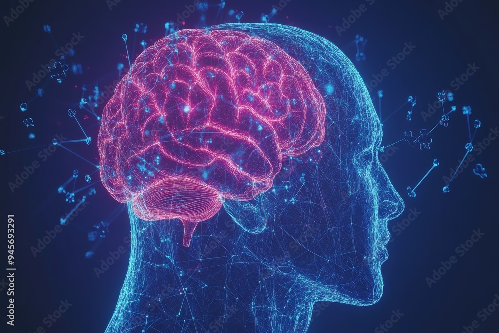 Poster monochrome portrait of two women with puzzle brain imagery representing the complexity of thought me