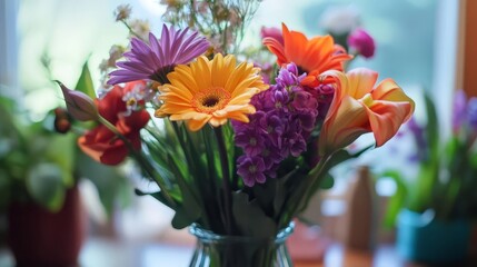 Fresh flowers being arranged in a vase, Monday morning, uplifting and cheerful