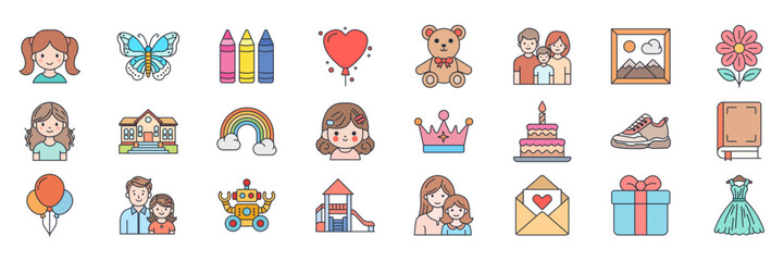National Daughter Day icons set, Included icons as Baby Girl, Crayon, Rainbow, Flower and more symbols collection, logo isolated vector illustration
