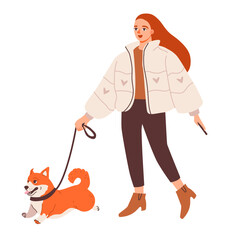 A young woman with a corgi dog on a walk in warm clothes. Pet owner. Flat vector illustration