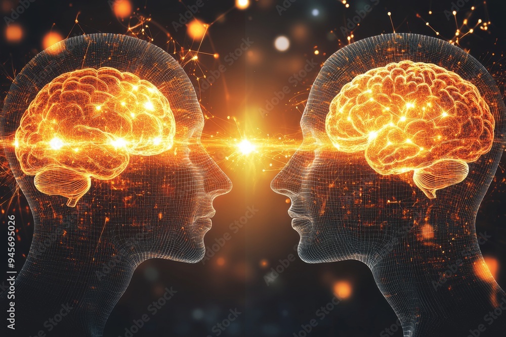Poster two glowing brains connected by a bright light in a dark background representing the spark of creati