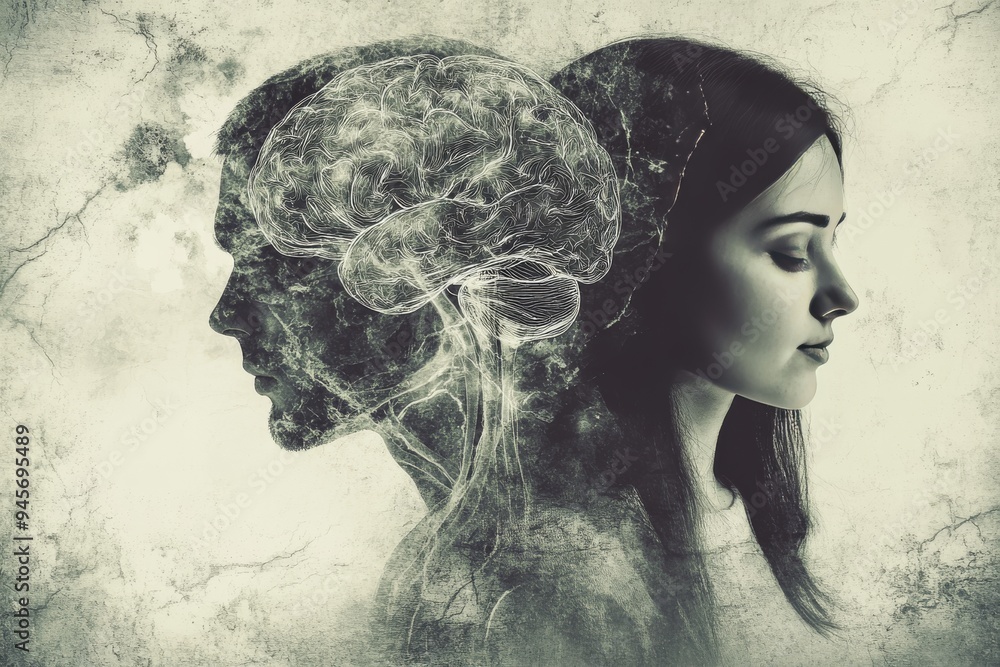 Poster dual profile of a man and woman with their brains overlapping representing shared thoughts mutual un