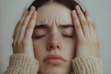 The young woman expresses stress and anxiety, with her eyes shut tightly and hands grasping her head in a moment of overwhelm. Generative AI