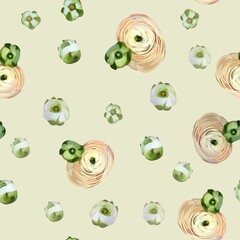 Seamless pattern of ranunculus buds in pastel colors. Modern type of printed art for wedding design, scrapbooking, branding, wallpaper, wrapping paper, printing.