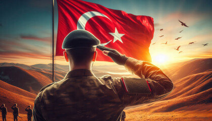 Turkish flag and saluting soldier