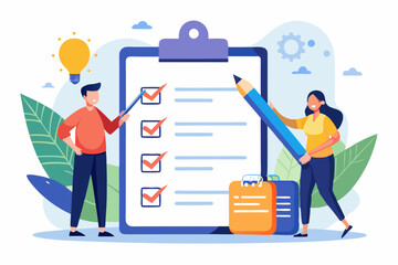 Task checklist, clipboard with to do list checkmark, task management to track work completion, accomplishment, survey or questionnaire concept, business people with pencil and checklist clipboard.
