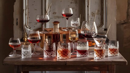 Still life with various glasses of alcohol