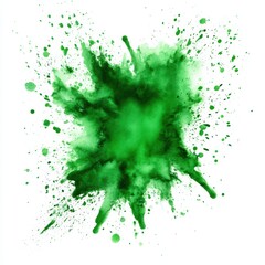 Green Ink Splash on White Background with Artistic Splatter and Abstract Shapes