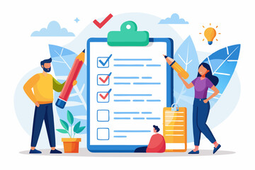 Task checklist, clipboard with to do list checkmark, task management to track work completion, accomplishment, survey or questionnaire concept, business people with pencil and checklist clipboard.
