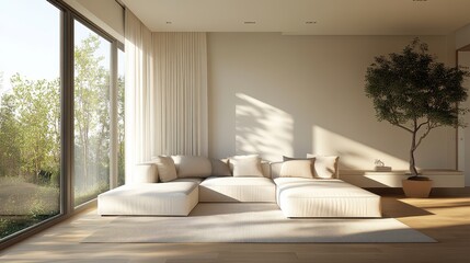 Fototapeta premium Modern Minimalist Living Room with Large Windows and Natural Light