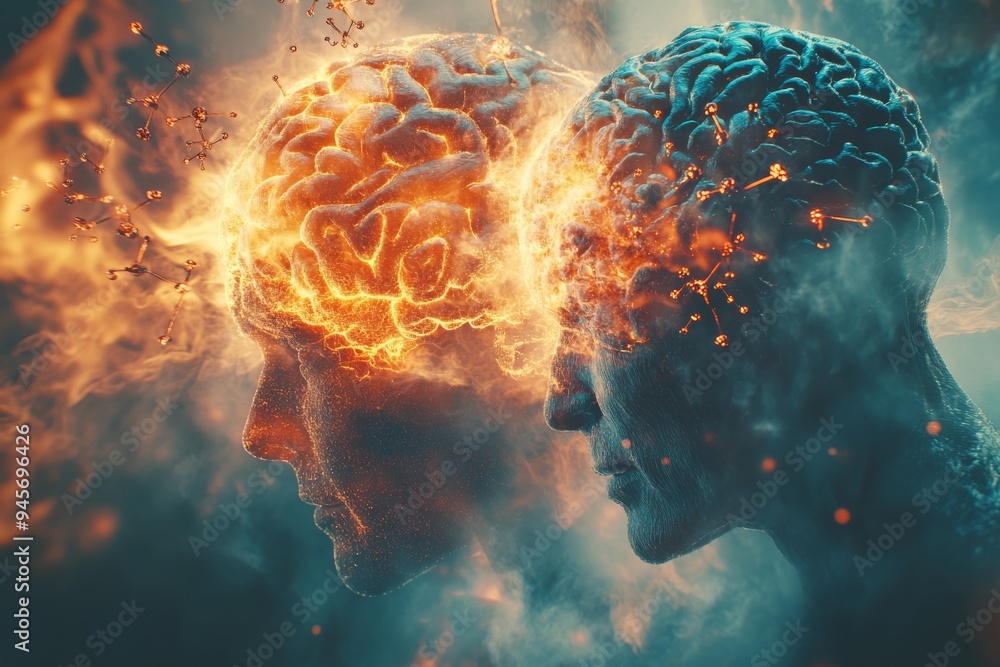 Poster abstract depiction of two brains merging with fiery energy symbolizing intense intellectual exchange
