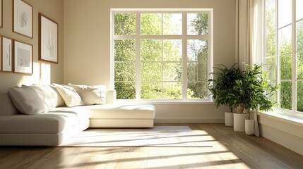 Bright and Airy Living Room with Large Windows and Greenery, Modern Minimalist Interior Design