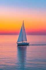 Fototapeta premium Sailboat Gliding on Calm Ocean at Sunset with Vibrant Sky and Tranquil Waters