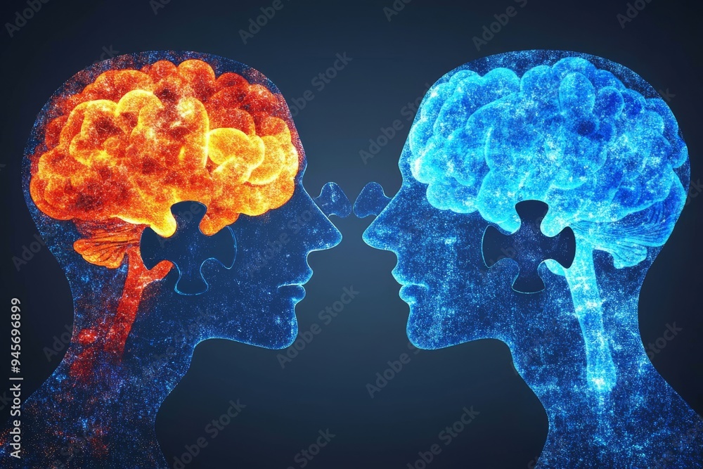 Aufkleber vibrant illustration of a blue and red brain facing each other symbolizing the duality of emotion an
