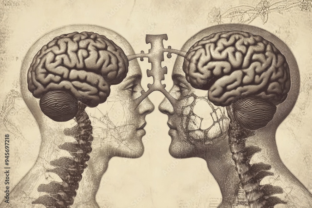 Poster detailed illustration of two brains facing each other representing intellectual confrontation and th