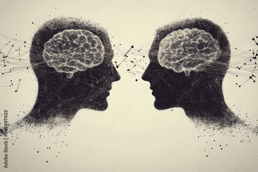 Aufkleber abstract illustration of two profiles with brain networks connecting representing the idea of mental