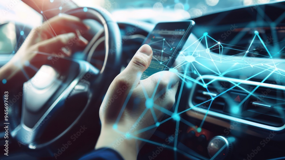 Poster driver using smartphone in car with connected technology overlay