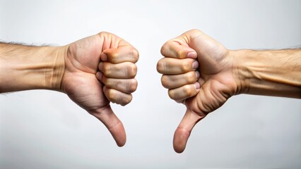 A close-up of two hands with thumbs down gestures, fingers curled inward, expressing strong disapproval, negation, or rejection against a neutral background.