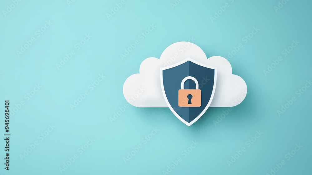 Poster a paper cloud with a shield and padlock, symbolizing secure cloud storage.
