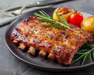 A plate of juicy, fall-off-the-bone ribs with rosemary, roasted potatoes, and tomatoes.