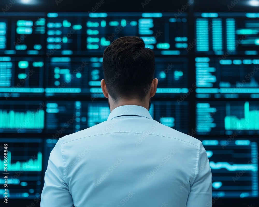 Poster a professional analyzing data on multiple screens in a modern office, showcasing the intersection of