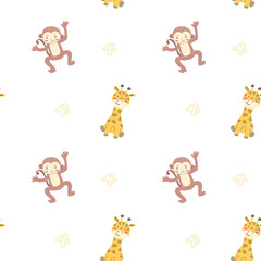Childrens fashion pattern with baby animals. Cute safari african animals with plant - print. Childish seamless pattern for nursery design, kids textile, boys and girls fabric apparel.