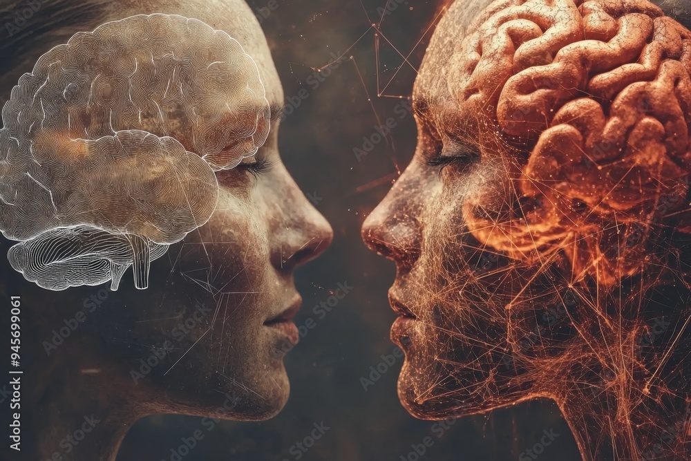 Poster side profile of two faces with brain overlays symbolizing the complex and intertwined nature of huma