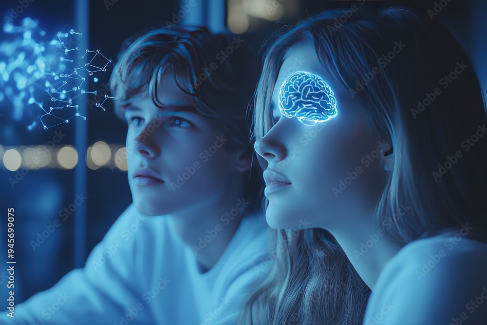 Aufkleber young couple with glowing brain overlays in a nighttime setting symbolizing the vibrant intellectual