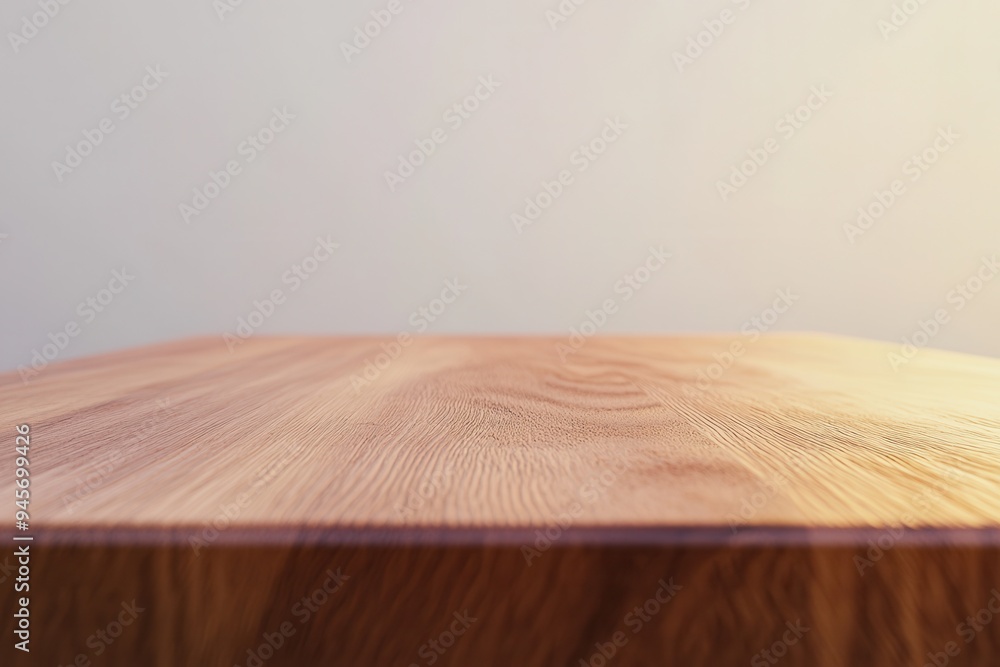 Poster a close-up view of a wooden tabletop with a smooth, polished surface, set against a plain gradient b