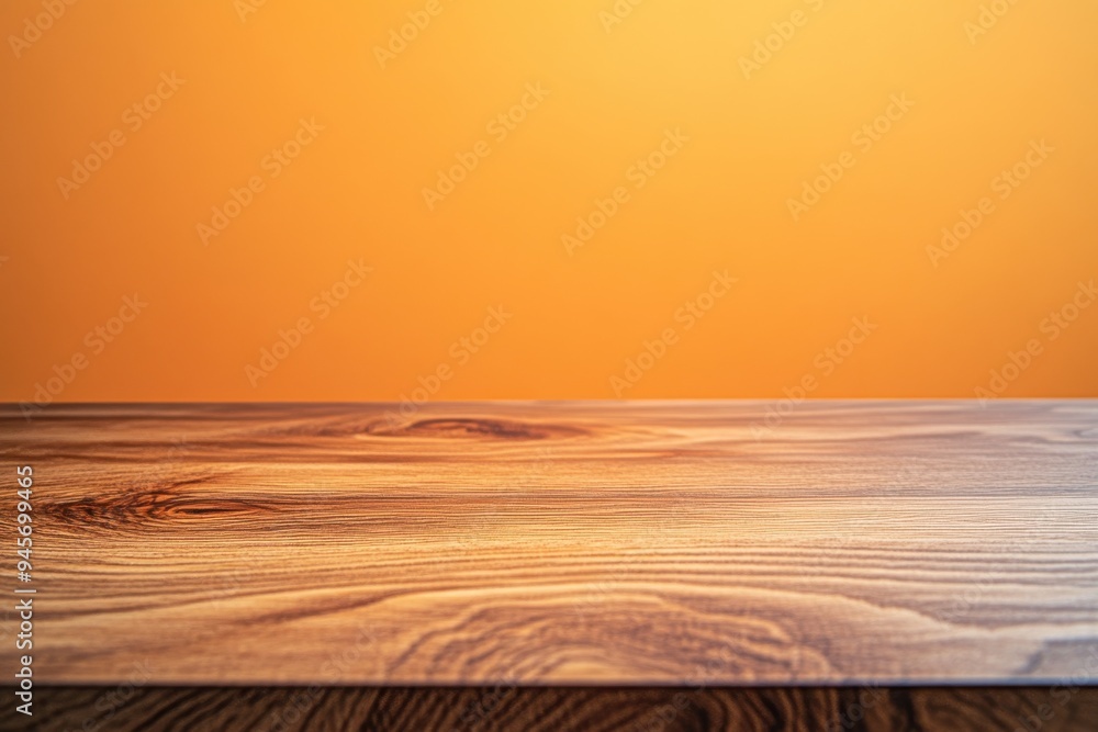Poster a close-up view of a wooden tabletop with a smooth, polished surface, set against a plain gradient b
