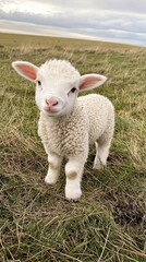 Fototapeta premium Adorable Lamb in the Enhancing Serenity of Open Grassland Captured on a Calm Cloudy Day