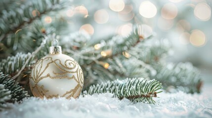 White Christmas Ornament with Pine Branches.