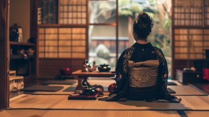 A woman in traditional attire seated in a serene Japanese room overlooking a tranquil garden during the early evening hours. Back view