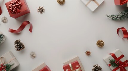 Christmas gift boxes on white background with festive decorations.