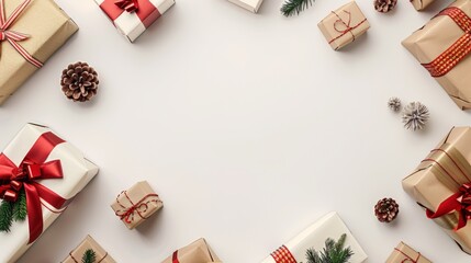 Christmas gifts with red ribbons and pine cones on white background.